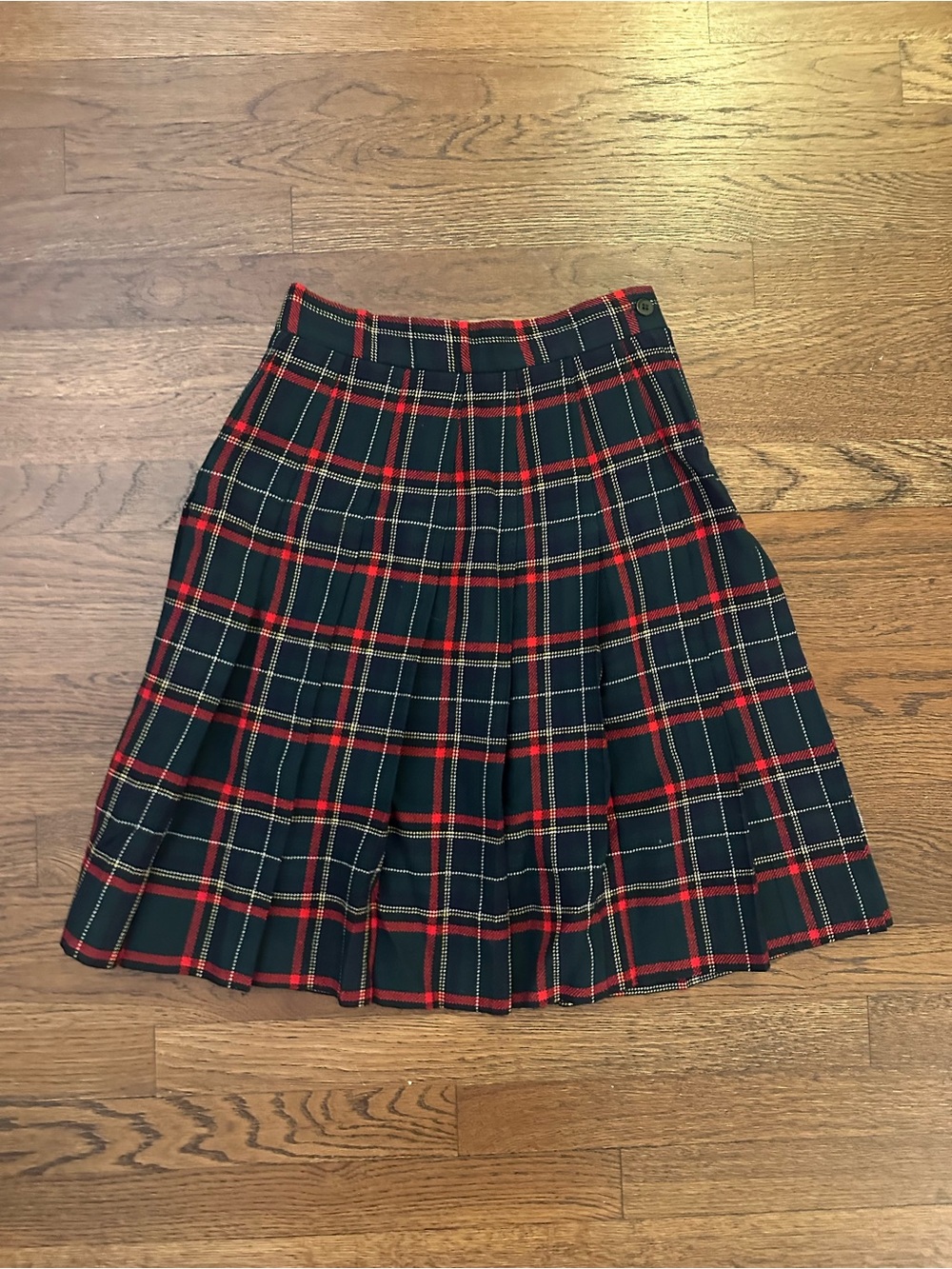 Plaid Pleated Knee Length Wool Skirt - Red & Dark Green